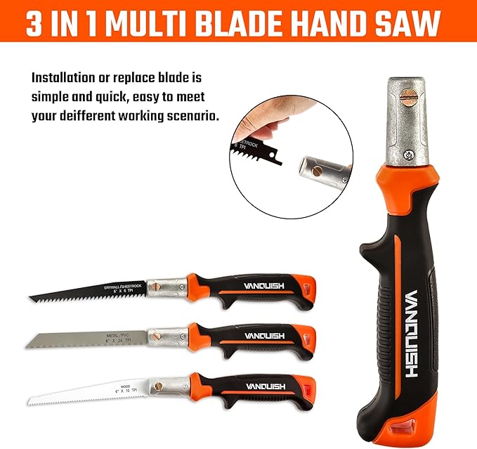 VANQUISH 3 in 1 Multi Blade Hand Saw, 6 inch Hacksaw with Replaceable Drywall Bi-Metal and Wood Blades for Cutting Metel, Drywall, Sheetrock, Wood, Plastic, Plywood 4869