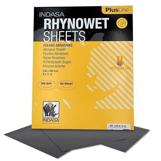 Indasa 50 PCS 9x11??Wet & Dry Sandpaper Sheets, 100 GRIT, Rhynowet Clog-Resistant Abrasive for Wood, Metal, Auto, Paint & Clear Coat Finishing, Sand Paper Aluminum Oxide, Plusline