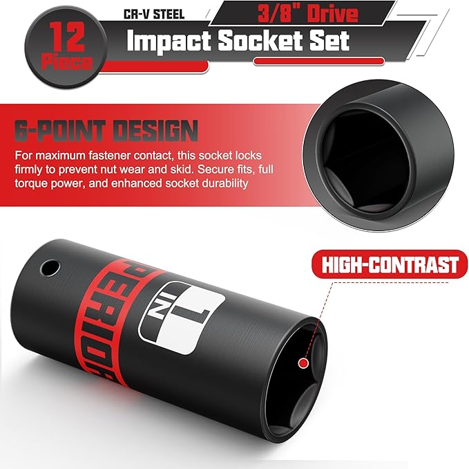 12 Piece 3/8" Drive Impact Socket Set, 5/16??to 1??Deep Socket, SAE, 6 Point, CR-V, Automotive Motorcycle and Bicycle Maintenance, Machinery Manufacturing