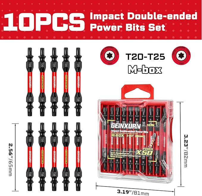 10Pcs T20-T25 Impact Double End Screwdriver Bit Set, 2.56 in. #2 Torx /#25 Torx Power Driver Bits, Magnetic S2 Steel Two Sides Screwdriver Bits Set with Storage M-Box