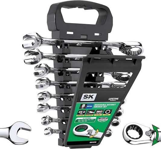 SK Reversible Ratcheting Wrench Set, Combination Wrench Set, 8-Piece, Metric, 72-Tooth, Premium CR-V Construction, with Rack Organizer