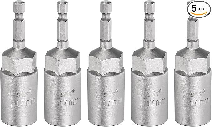 HARFINGTON 5pcs Nut Driver Drill Bit 17mm Metric Socket 1/4" Hex Shank 3.15" (80mm) Long 6-Point Sockets Quick Change CR-V Steel Bolt Setters for Power Drill Drivers