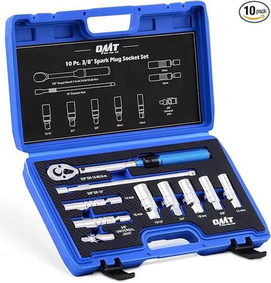 Orion Motor Tech 10pc 3/8 inch Drive Spark Plug Socket Set with 72 Tooth Click Torque Wrench, Magnetic Swivel Sockets, Universal Joint & Extension Bar, Cr-V Steel Magnetic Spark Plug Socket