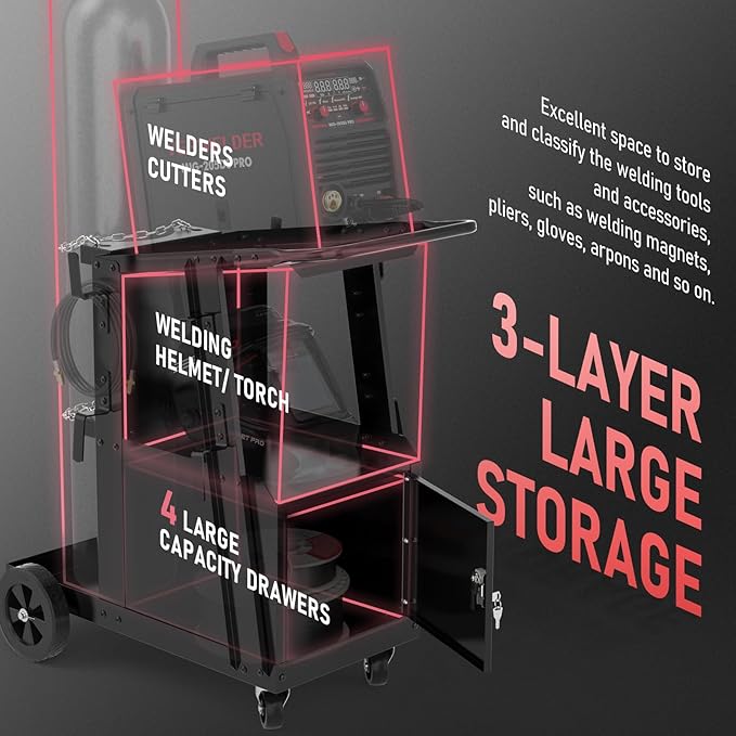 YESWELDER Welding Cart with Large Capacity Lockable Cabinet, for MIG/TIG/Stick Welders and Plasma Cutters, Heavy Duty 360째 Swivel Wheels Welding Trolley