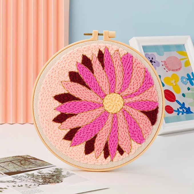 Woohome Punch Needle Kit Included Plastic Hoops, Punch Needle Cloth, Color Yarn and Punch Needle Tools for Adults, Beginners (Flower, Lake and Bear)