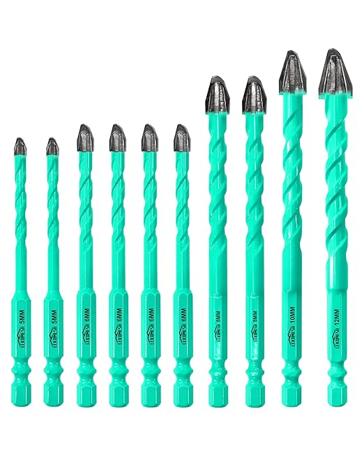 10PCS Nine Blades Serrated Carbide Masonry Drill Bit Set - 3/16"*2,1/4"*4,5/16"*2,3/8",1/2" Wood Drill Bits for Wood Plastic Masonry Brick Tile Glass Concrete Marble