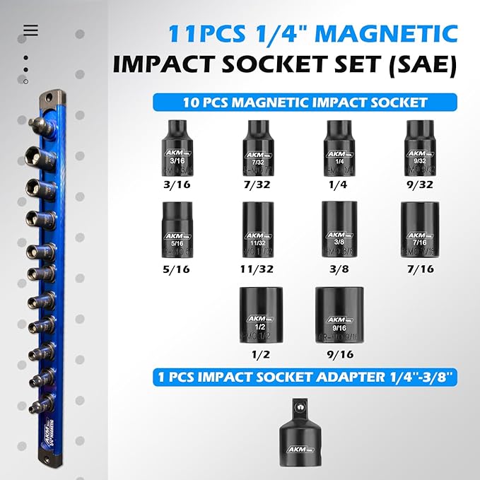 1/4 Inch Drive Magnetic Impact Socket Set, 11-Piece SAE, 7/32 Inch-9/16 Inch, 6 Point, Cr-Mo, Square Drive, Magnetic Sockets with Adapter, Rail