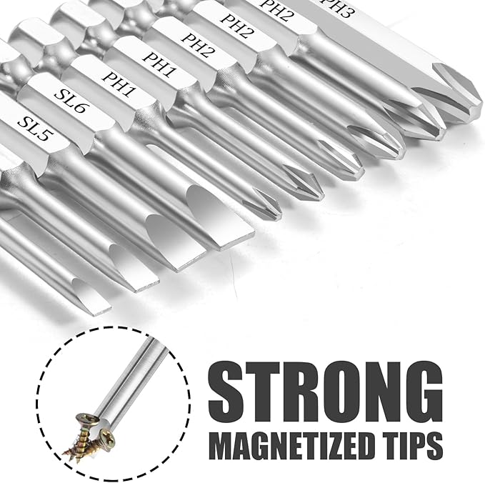 10 Piece Slotted Phillips Screwdriver Bit Set, 1/4 Inch Hex Shank S2 Steel Magnetic 2" Long Drill Bits