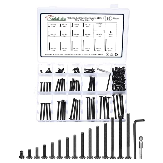 METALLIXITY Crib Screws Replacement Set(M6-1x16/20/25/30/35/40/45/50/55/60/65/70/75/80mm) 114Pcs, Galvanization Barrel Nuts Hex Drive Allen Bit Assortment Kit, for Chair Cabinet Bed, Black