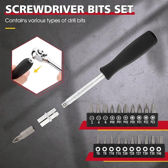 1/4" Drive Socket Set 74-Piece, 1/4??Drive Master Socket Set with Ratchets, 1/4" Drive Bits Set Extensions Bar, Universal Joint (5/32-Inch- 9/16-Inch, 4mm-14mm)