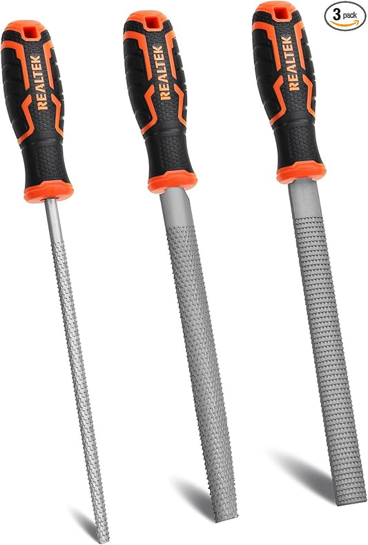 REALTEK 3-Piece 12" Wood Rasp File Set with 4" Longer Rubber Grip, T12 High Carbon Wood File Set for Woodworking, Flat/Half Round/Round Perfect Files for Wood Manual Cutting and Sharping