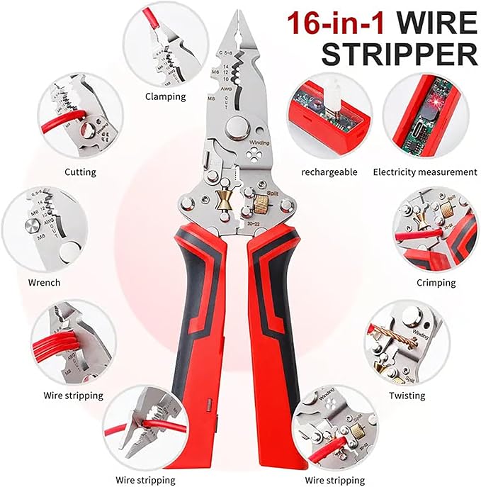 16 in 1 Wire Stripper Twister for Cutting and Pulling Wires, Cable Scissors, Voltage Tester Pliers, 12V to 250V Live, Professional Wire Stripper Electrical Pliers (Mix*2)