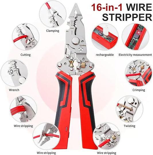 16 in 1 Wire Stripper Twister for Cutting and Pulling Wires, Cable Scissors, Voltage Tester Pliers, 12V to 250V Live, Professional Wire Stripper Electrical Pliers (Mix*2)