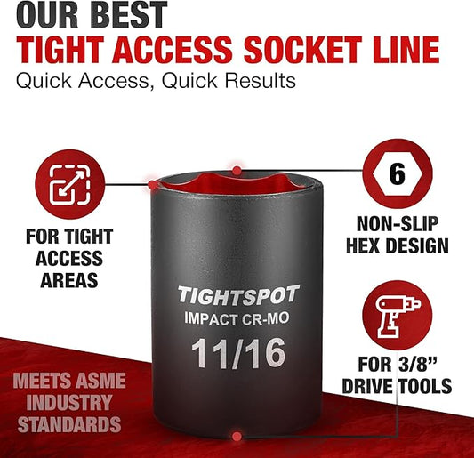TIGHTSPOT 3/8 Inch Drive - 11/16 Inch Shallow Impact Socket with Anti-Rounding 6 Point Design, Heat-Treated CRMO Steel