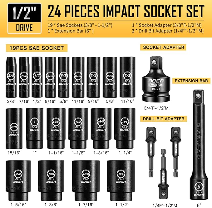 boen 1/2??Drive SAE Impact Socket Set, 3/8" to 1-1/2" Deep Socket, 6-Point Hex Socket with Portable Case, Rugged Construction, CR-V Steel, 24PCS