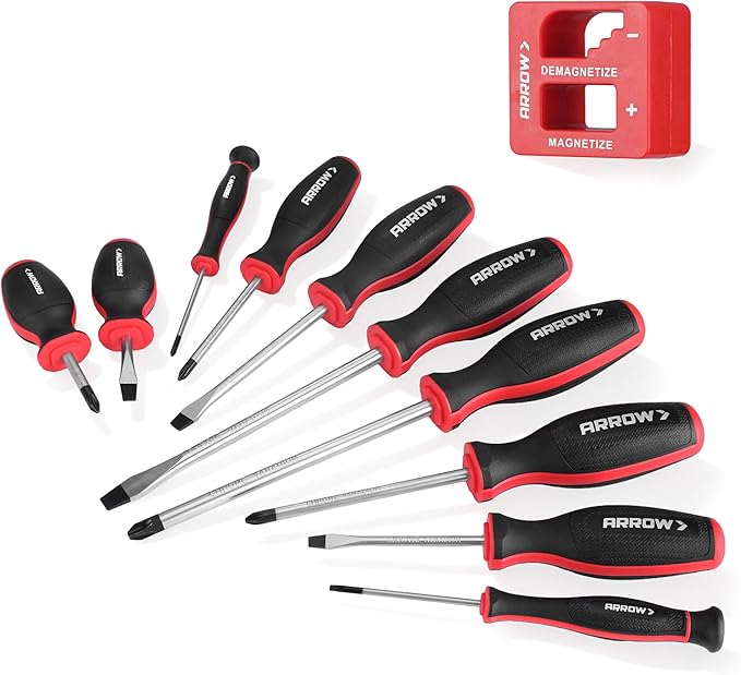 ARROW 11-Piece Magnetic Screwdriver Set, Cr-V Steel Screw driver Set with Magnetizer/Demagnetizer, 2 PCS Precision Screwdriver, Non-Slip Grip, Magnetic Phillips & Flathead Tips, for Home Improvement