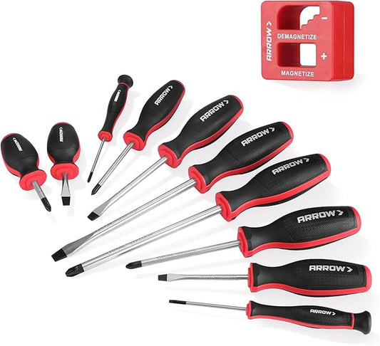 ARROW 11-Piece Magnetic Screwdriver Set, Cr-V Steel Screw driver Set with Magnetizer/Demagnetizer, 2 PCS Precision Screwdriver, Non-Slip Grip, Magnetic Phillips & Flathead Tips, for Home Improvement