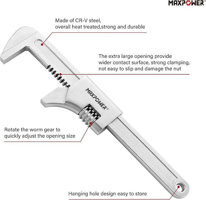 MAXPOWER 14 1/2" Automotive Wrench, Wide Jaw Opening 3.5", Adjustable Auto Wrench for Automobiles Construction, Machine Maintenance and Home Repairs