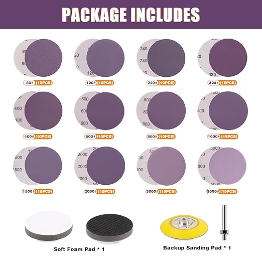 POLIWELL 148Pcs 3 Inch Sanding Discs Hook and Loop, Purple Alumina Abrasive Sandpaper (80-5000 Girt) with 1/4??Backing Pad and Soft Interface Pad for Wood, Metal, Drywall, Polishing, Grinding