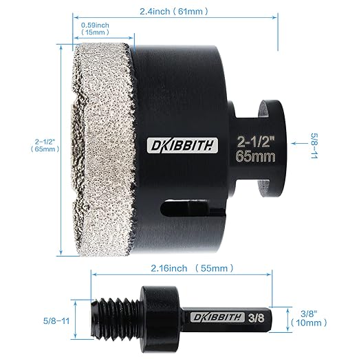 2-1/2'' Dry Diamond Hole Saw, 65mm Hole Saw Brazed Core BitGranite Tile Quartzite Marble Porcelain Ceramic Stones5/8-11 ThreadAngle Grinders and 3/8'' Hex ShankElectric Drills Black