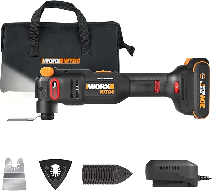 Worx Nitro 20V Cordless Oscillating Multi Tool with 5째 Oscillation Angle, VibraFree Technology, Slim-body Design, 2.0 Ah Battery and Charger Included, 23 Pieces Accessories with Carrying Bag, WX698L