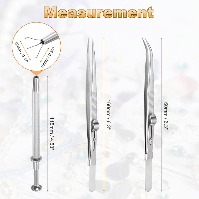 HARFINGTON 3pcs Diamond Tweezer Holder Pick Up Tool Set Stainless Steel 4 Claw Holder Straight/Elbow Head Jewelry Locking Tweezer for Tiny Objects Electronic Components, Silver