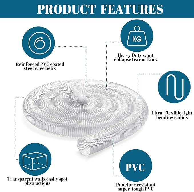 4 Inches 30 ft PVC Dust Collection Hose with Stainless Steel Clamps Set Flexible Clear Vacuum Puncture Resistant Fume Hose for Vacuums Cleaner Fume Dust Collection System