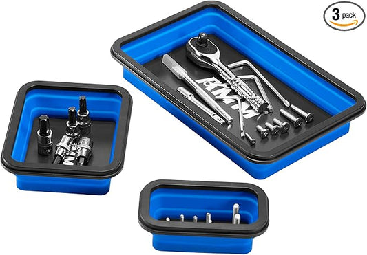 AMM Foldable Magnetic Parts Tray Set, 3 Different Size Magnetic Tool Trays for Bolts Screws Nuts & Small Metal Parts, Mechanic Tool Present for Men竊똁lue