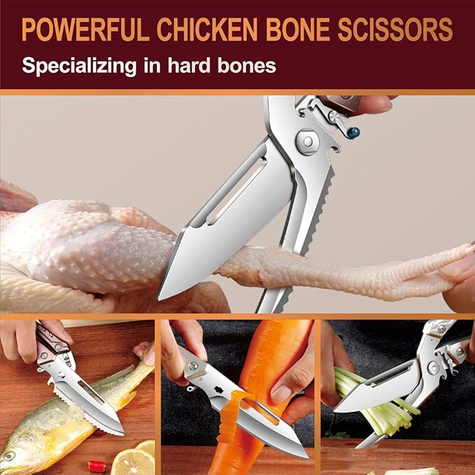 All Purpose Heavy Duty Kitchen Scissors for Food, Detachable Dishwasher Safe Poultry Shears with Spring-Loaded Chicken Bone Cutter (Brown)