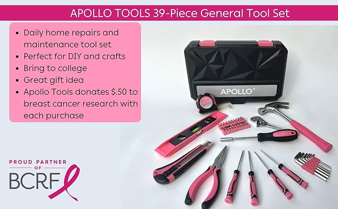 Apollo Tools 39 Piece General Household Tool Set in Toolbox Storage Case with Essential Hand Tools for Everyday Home Repairs, DIY and Crafts - Pink Ribbon - Pink - DT9711P