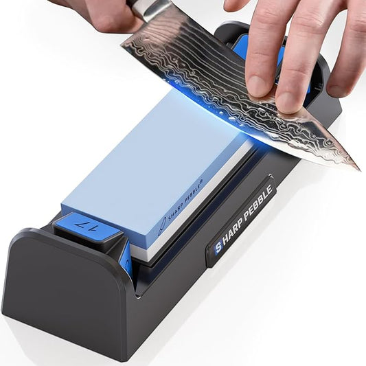 Sharp Pebble Knife Sharpening Stone Kit-Grit 1000/6000 Wet Stone-Built In Angle Guides 15/17/20/22 Degrees- Professional Whetstone Knife Sharpener Stone Set with Plastic Base