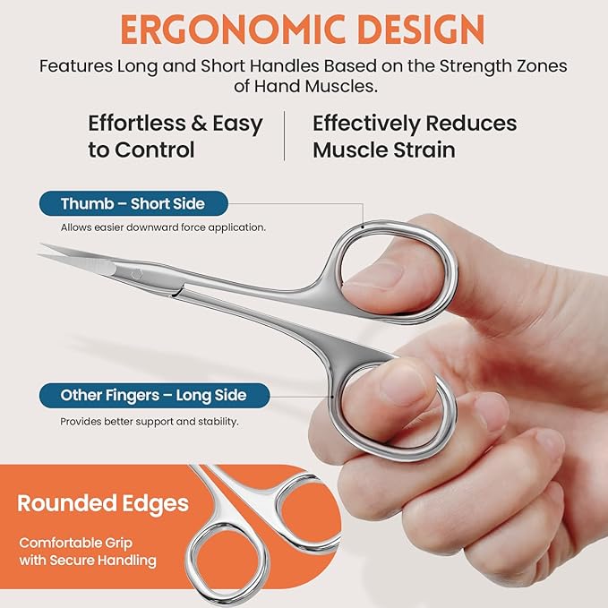 THRAU Right-Handed Cuticle Scissors ??Surgical Grade Stainless Steel with Sharp Curved Tip for Cuticles, Nails, Eyebrows, Eyelashes, Nose Hair & Beard ??Ideal for Manicure & Precise Grooming