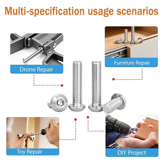 Metuja M5-0.8x10mm 100Pcs, Button Head Socket Cap Bolts Screws, Stainless Steel, Professional Set Screw, Clear and Complete Full Thread, Silver Bright Finish Furniture Bolt, Allen Hex Drive