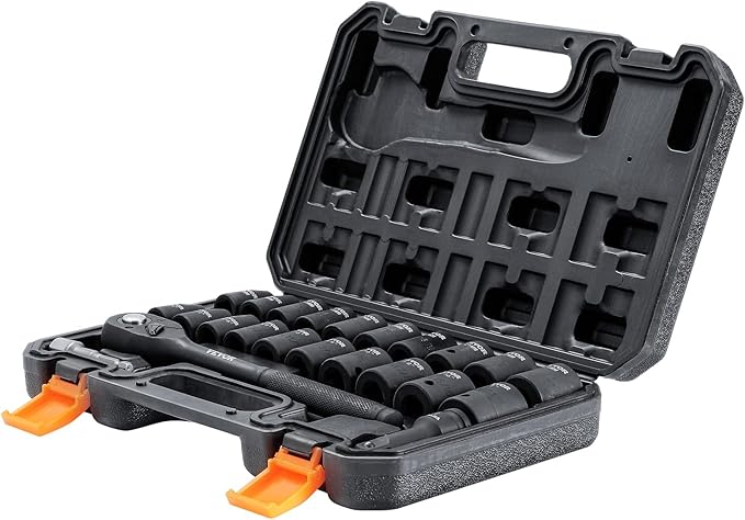 VEVOR 1/2" Drive Impact Socket Set, 23 Piece Socket Set SAE 竊?/16" -1"竊? Metric 竊?3-24mm竊? Point Cr-V Alloy Steel for Auto Repair with Ratchet Handle Rugged Construction Storage Case