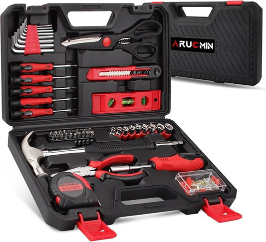 ARUCMIN 51-Piece Red Tool Set, Home Tool Kit with Toolbox Storage Case Home Repair Tool Kit with Drawer for Women