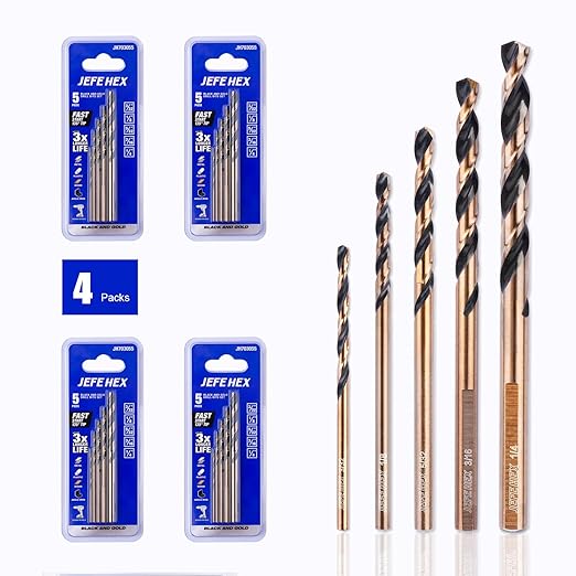 JEFE HEX 5set*4packs Twist Drill Bits Set,3-flat Shank for Anti-Walking, 135째 Split Point, Black & Gold Coated, Jobber Length for General Purpose