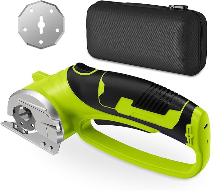 Cordless Electric Scissors, 4V Rechargeable Box Cutter & Cardboard Cutter with LED Light, Safety Lock - Rotary Cutter for Fabric, Leather, Carpet, Plastic, Crafting, Sewing with Storage Box (Green)