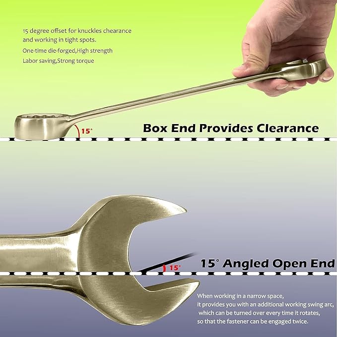 WEDO 23PCS Non-Sparking Combination Wrench Set,SAE 1/4" to 1",Metric 8mm to 24mm,12 Point Design,Aluminum Bronze,Corrosion-resistance,BAM&FM Certificate