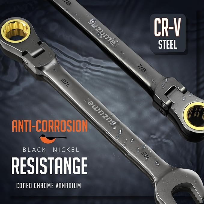 SUZUME 7/8??Flex Head Ratcheting Wrench SAE 72 Teeth Cr-V Steel with 180째 Flexible Head 15K+ Cycle Locked Gears Black Nickel Coating