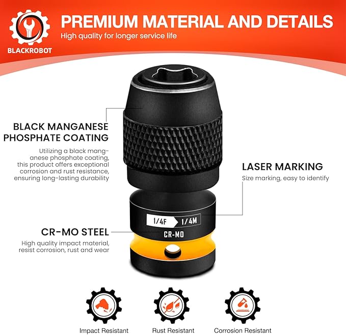 BLACKROBOT 2PCS Quick Release Impact Bit Holders 1/4-Inch Square Drive to 1/4-Inch Hex Socket Adapter, CR-MO Steel, Yellow