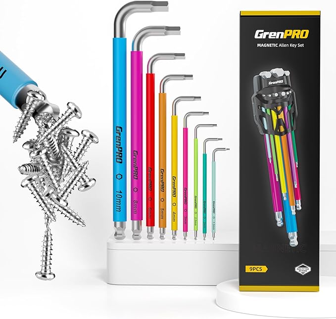 GRENPRO Allen Wrenches Sets, Hex Key Set, 9pcs Allan Wrench Sets Metric And Standard, Bike Wrench Tools Organizer With Color Coded, Long Alen Alan Keys sets, Large Mini Small Ball End Allen Wrench Set