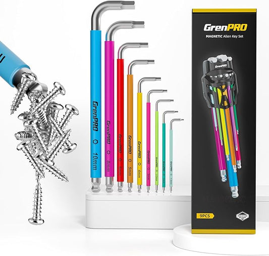 GRENPRO Allen Wrenches Sets, Hex Key Set, 9pcs Allan Wrench Sets Metric And Standard, Bike Wrench Tools Organizer With Color Coded, Long Alen Alan Keys sets, Large Mini Small Ball End Allen Wrench Set