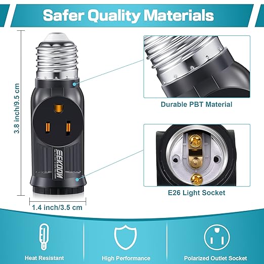Feekoon 2 Pcs Light Socket to Plug Adapter, Convert E26 Light Socket to 3 Prong Outlet Adapter, Screw in Outlet for Lamp Sockets for Garage Porch (Black)