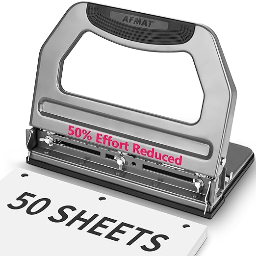 AFMAT 3 Hole Punch Heavy Duty, 9/32" Holes, 50-Sheet Hole Puncher 3 Ring, 50% Reduced Effort, Adjustable Two & Three Hole Punch, Metal Paper Puncher w/Large Chip Tray, Metal Paper Guide, Gray, HP18