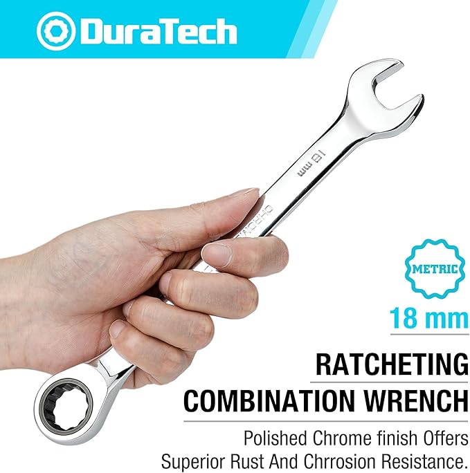 DURATECH 18mm Ratcheting Combination Wrench, Metric, 72-Tooth, 16-Point, CR-V Constructed with Mirror Polish