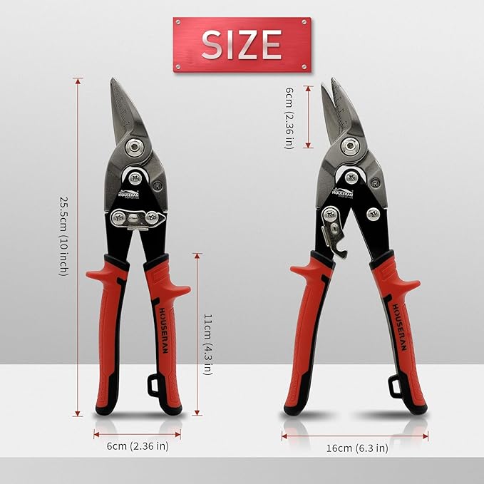 10 Inch Tin Snips, Right Cut Offset Aviation Snips, Heavy Duty CR-MO Metal Cutter with Double Lever, Scale Markings & Safety Lock, Tinner Shears Scissors for Cutting Metal Sheet