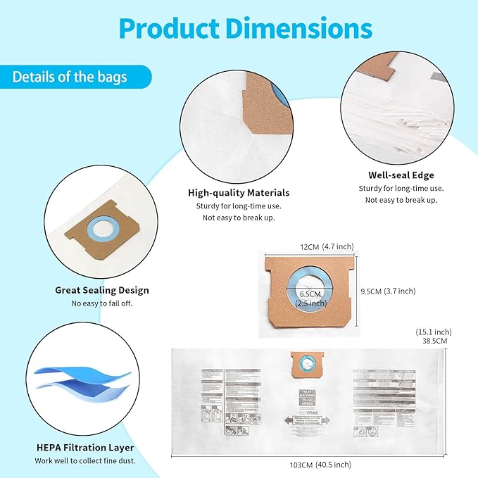 5 Packs 90672 Type F Dust Collection Bags for 10-14 Gallon Vacuum Bags Type I and Type F 90672 9067200 9067233 90662 9066200 9066233 Part VF2005