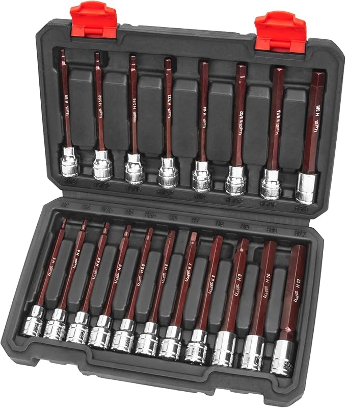 3/8 Inch Drive Long Allen Hex Bit Socket Set, 19-Piece Hex Head Standard SAE & Metric Sockets (1/8"-3/8", 3-12mm), S2 Alloy Steel Durable Tools for Mechanics