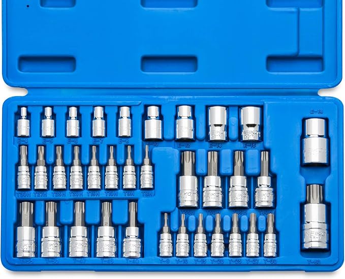 Neiko 10070A Torx Bit Socket and E-Torx Star Socket Set | 35-Piece Set, S2 and Cr-V Steel, 1/4?? 3/8??and 1/2-Inch Drive
