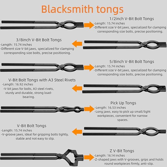 8PCS Blacksmith Tongs and Blacksmith Hammer,Z V-Bit,3/8,1/2,5/8inch V-Bit Bolt,V-Bit Bolt,Pick Up,V-Bit Bolt with A3 Steel Rivets and Assembled Blacksmithing Tongs for Forging Tools and Equipment